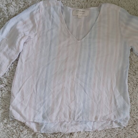 Cloth & Stone Linen Blend Tie Sleeve Blouse Size Small Pastel Stripe V-Neck Top - Picture 1 of 6